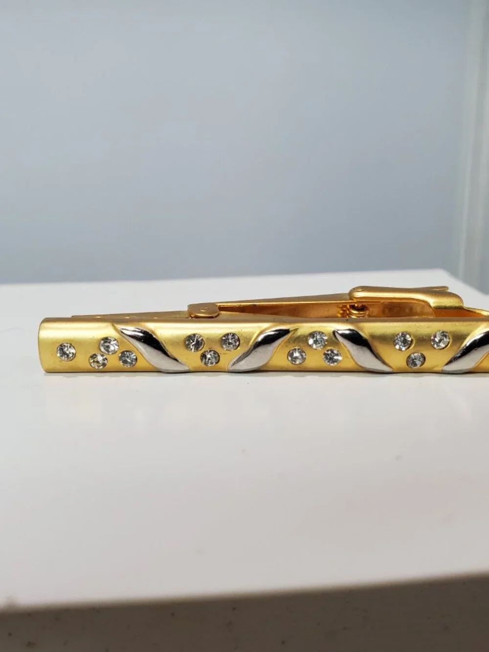 Vintage 14K Gold-Plated Brass with Rhinestones Tie Clip & Cufflinks 3 Pc Set